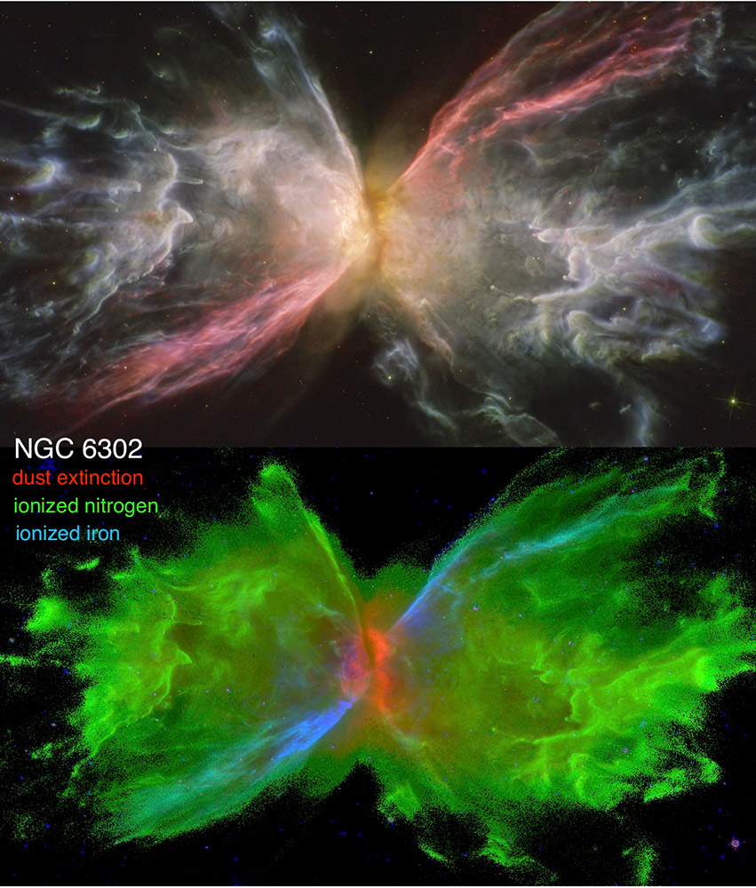 side-by-side images of the Butterfly Nebula using different colors to highlight different areas.