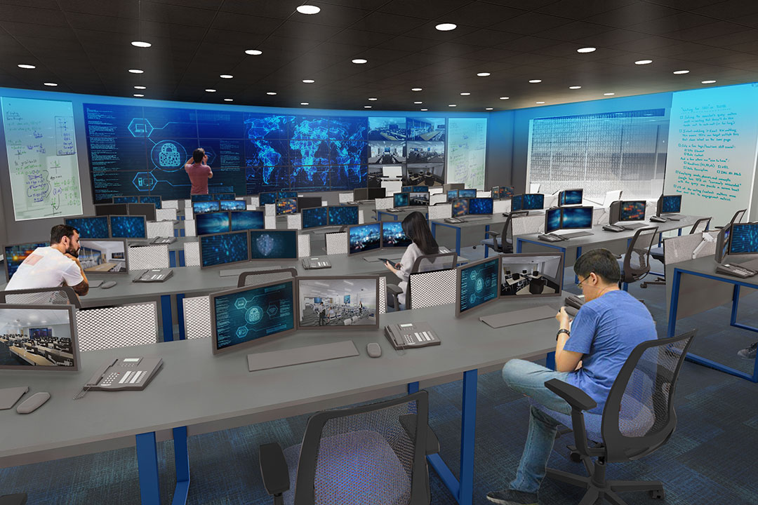 Artist rendering of lab with tables, computers, and large screens.