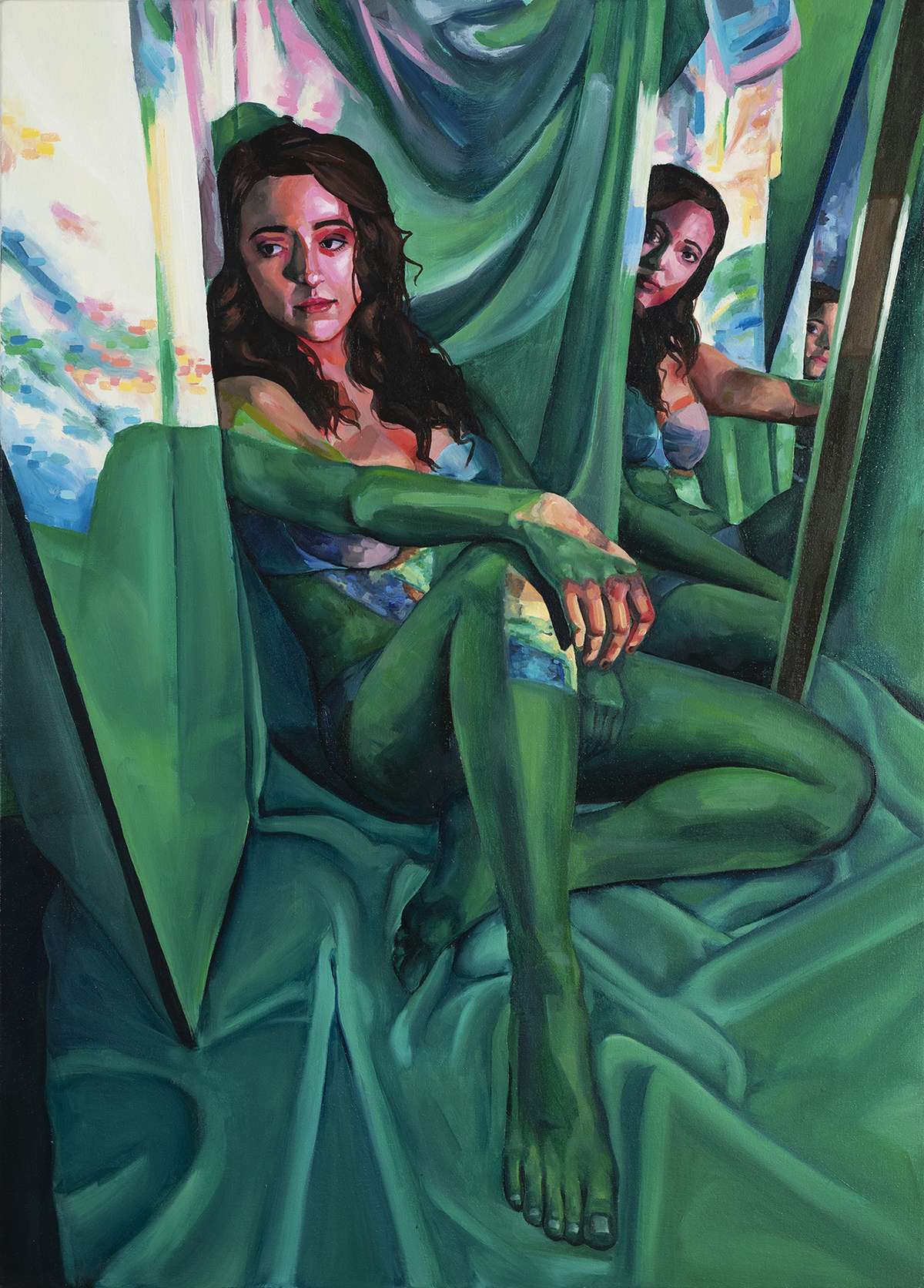 A painting of three women, with tones of greens, yellows and reds.