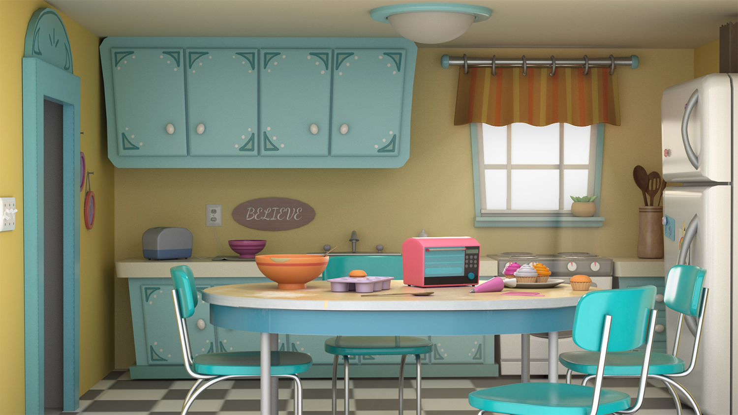 A 3D design of a kitchen with bright, saturated colors.