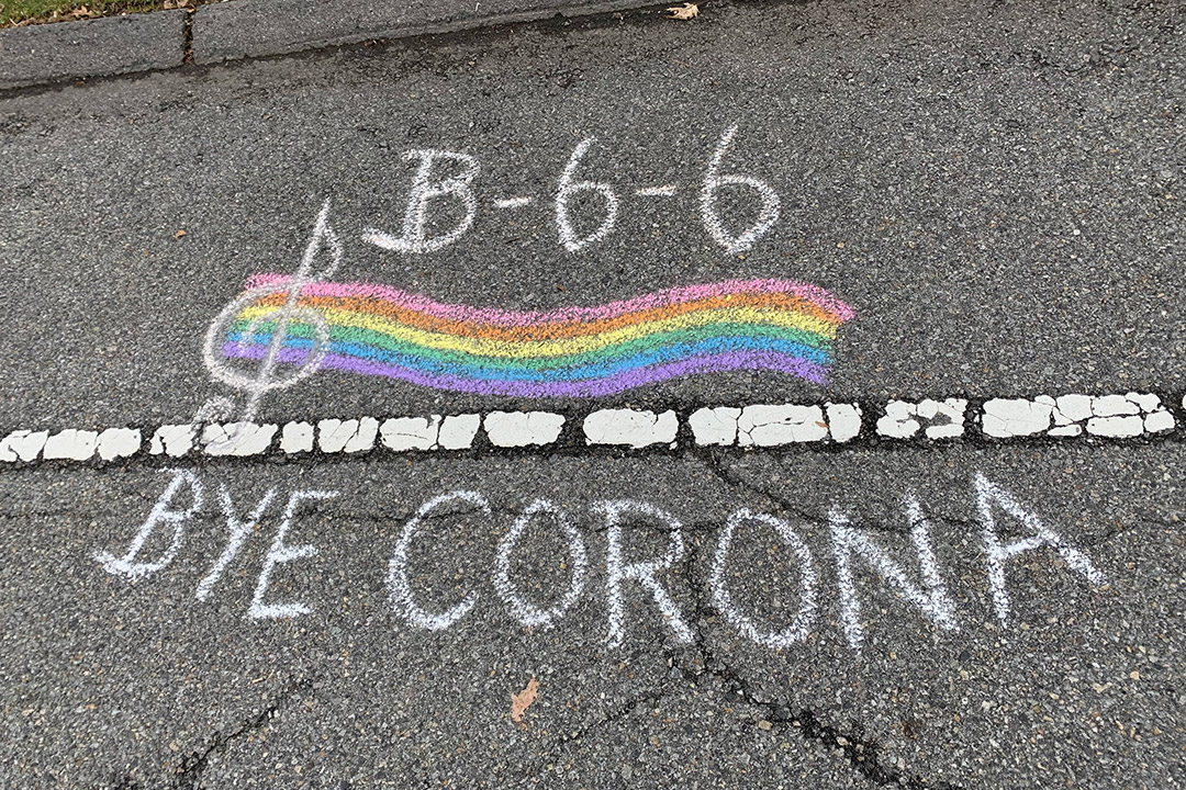 chalk art with treble clef and the words "Bye Corona" sung like "My Sharona"