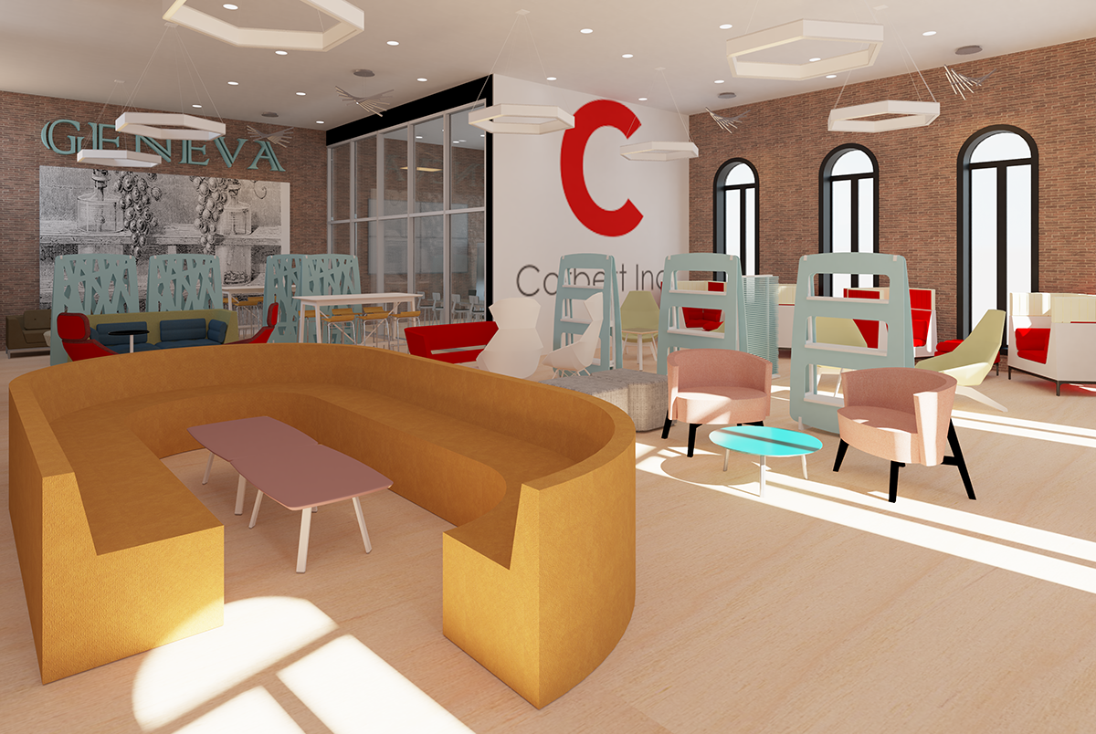 A rendering of an experience center with lots of furniture and a tribute to Geneva, N.Y.