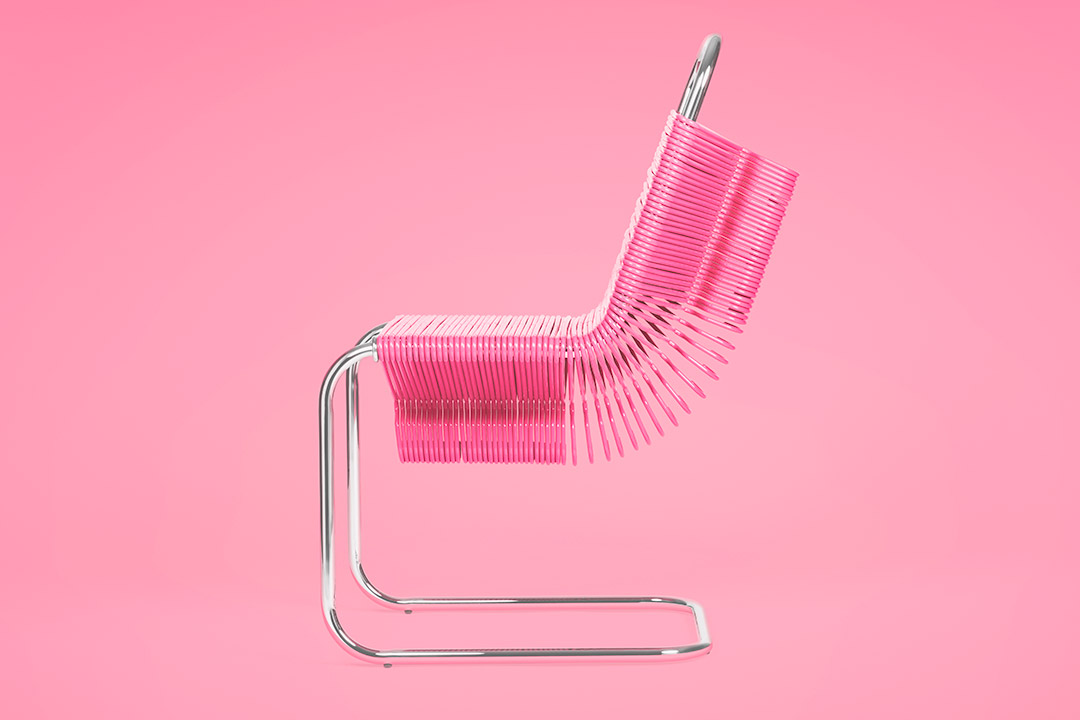 Profile view of chair made out of pink plastic hangers stacked on a frame.