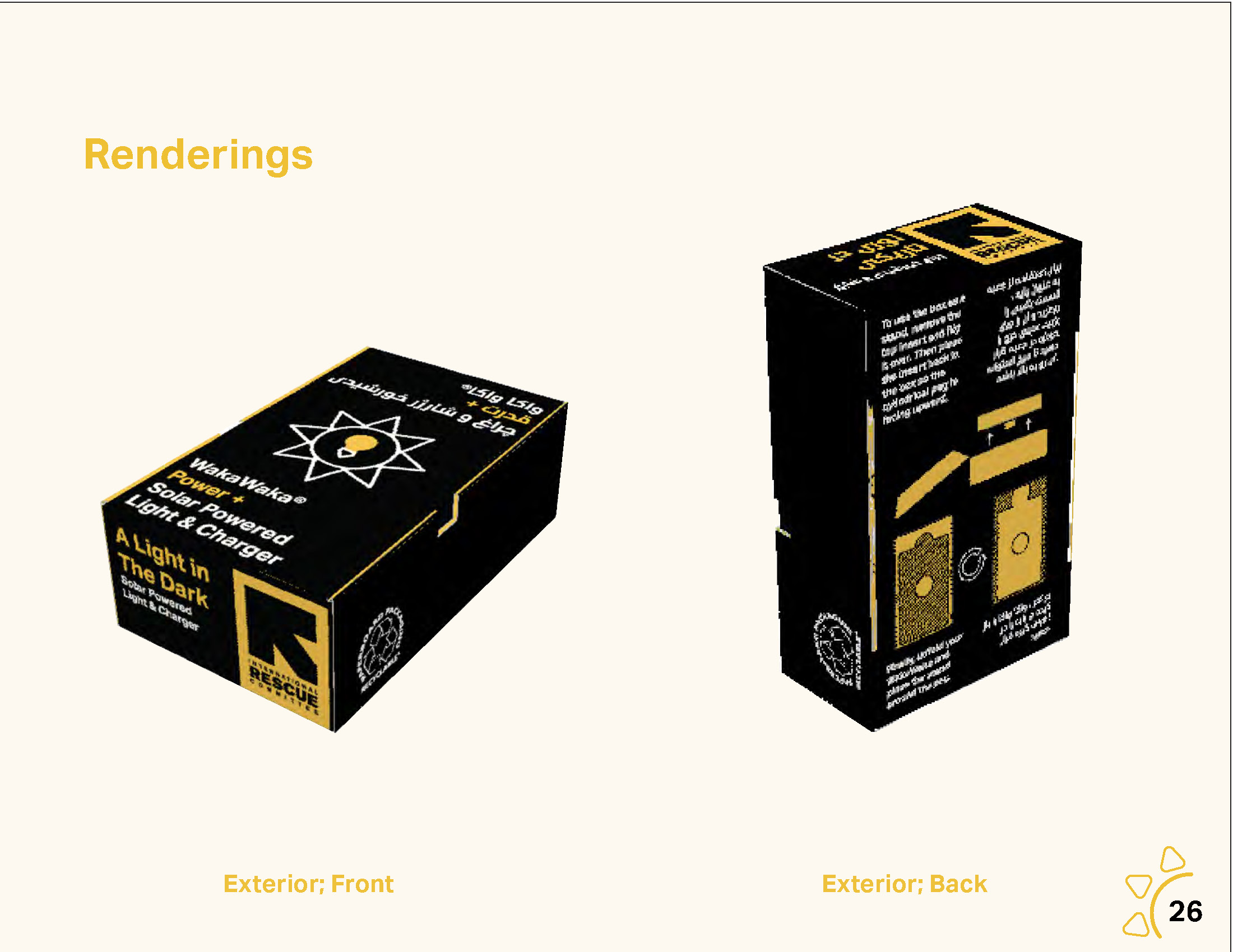 Two views of a packaging design for International Rescue Organization.