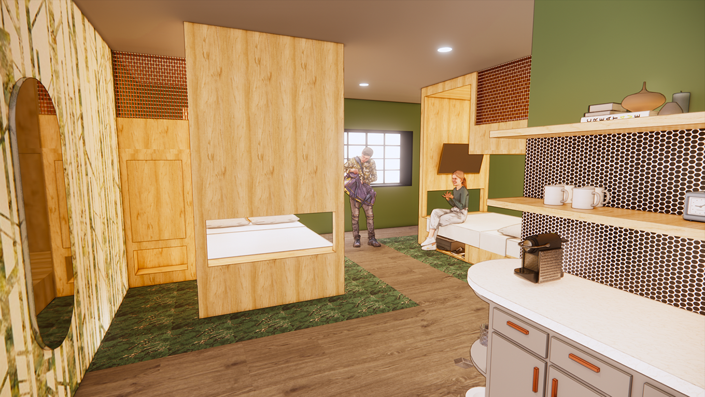 Rendering of a hotel room within a multi-use design project.