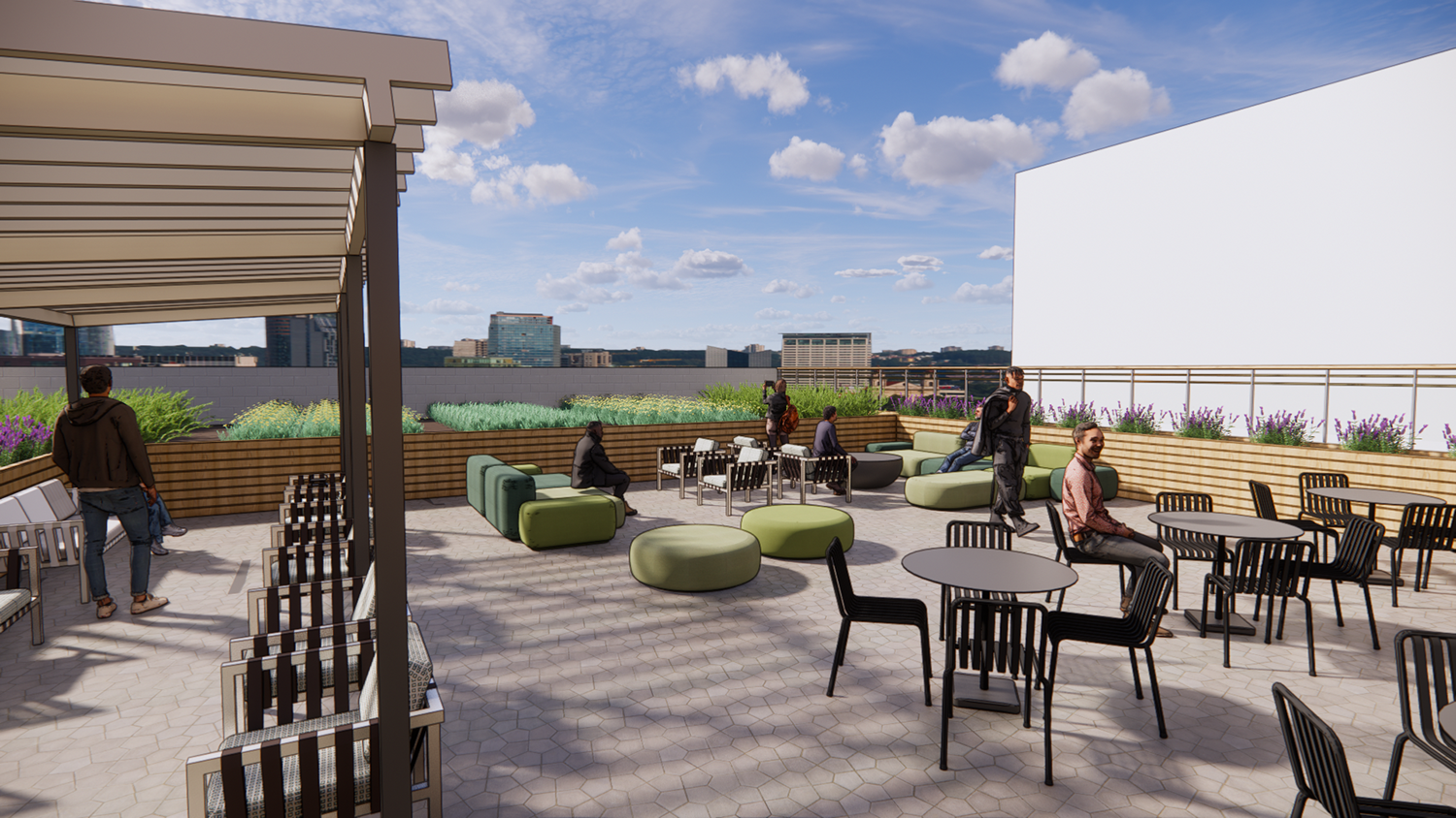 Rendering of a rooftop lounge area.