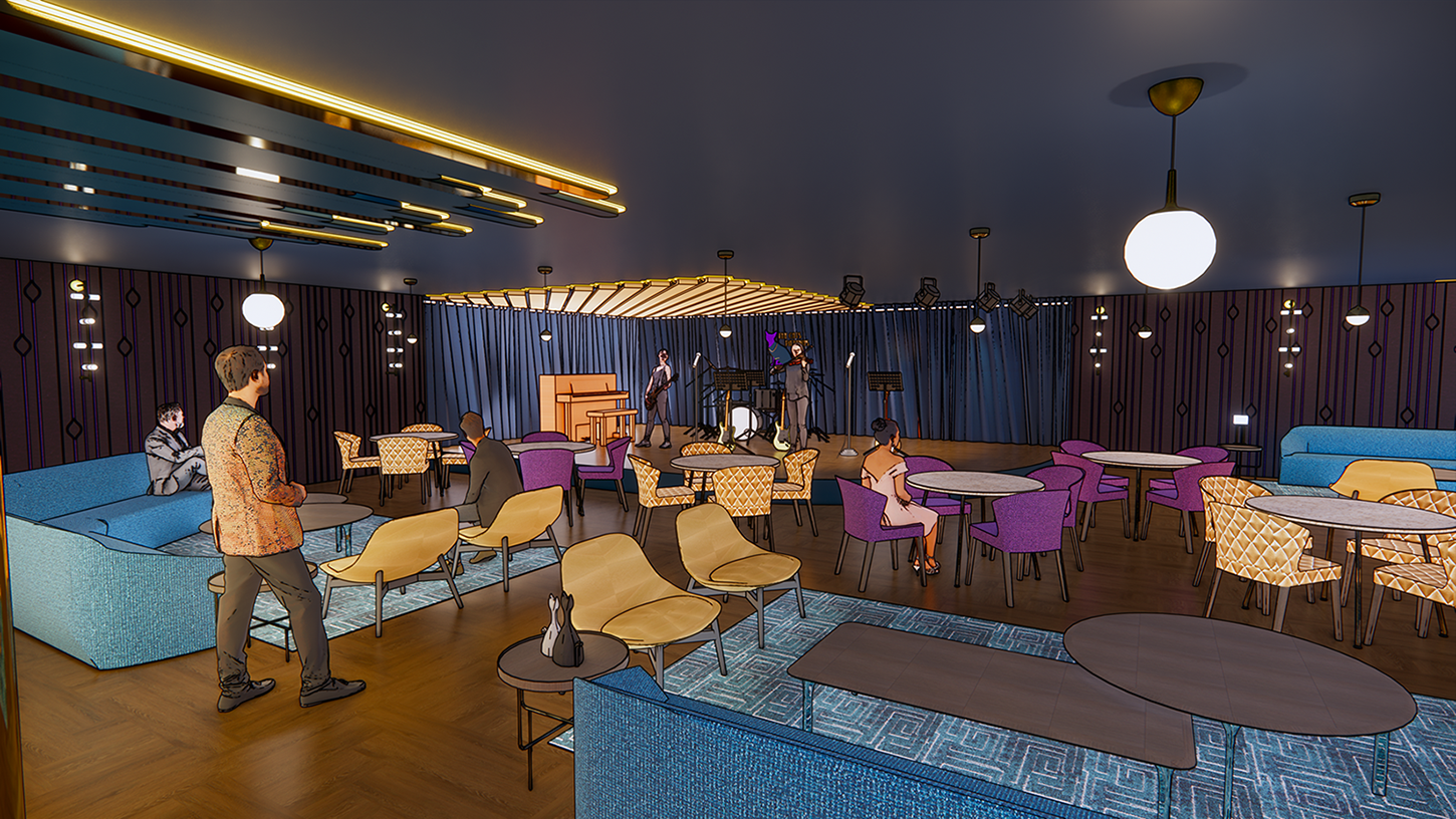 Rendering of a jazz-inspired speakeasy.