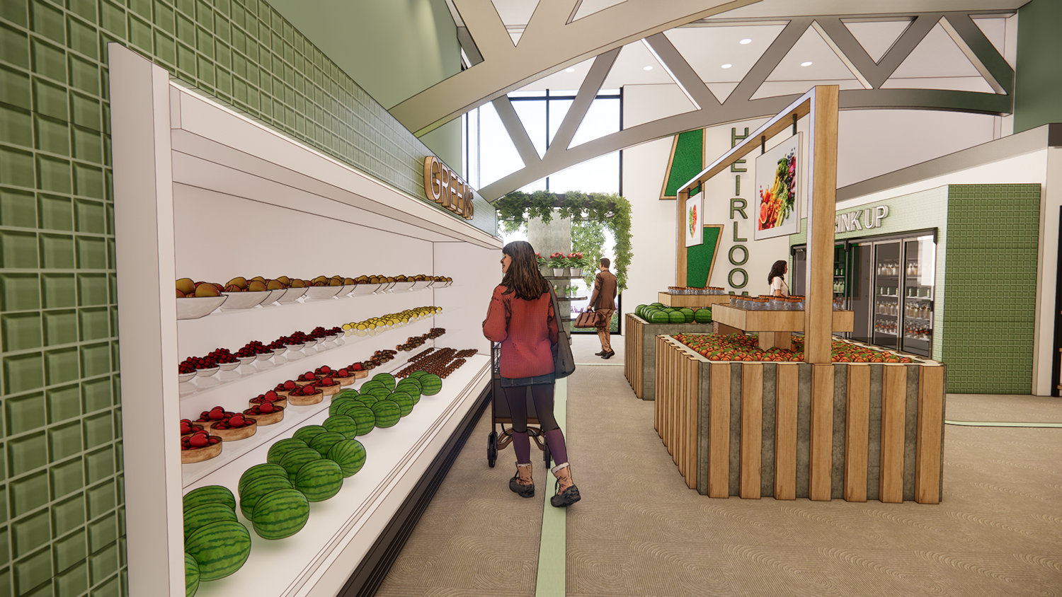 Rendering of shoppers in a grocery store.