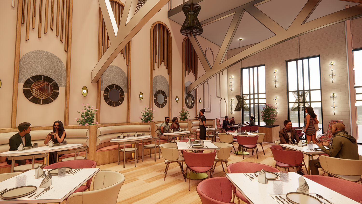 A rendering of a restaurant with high ceilings.