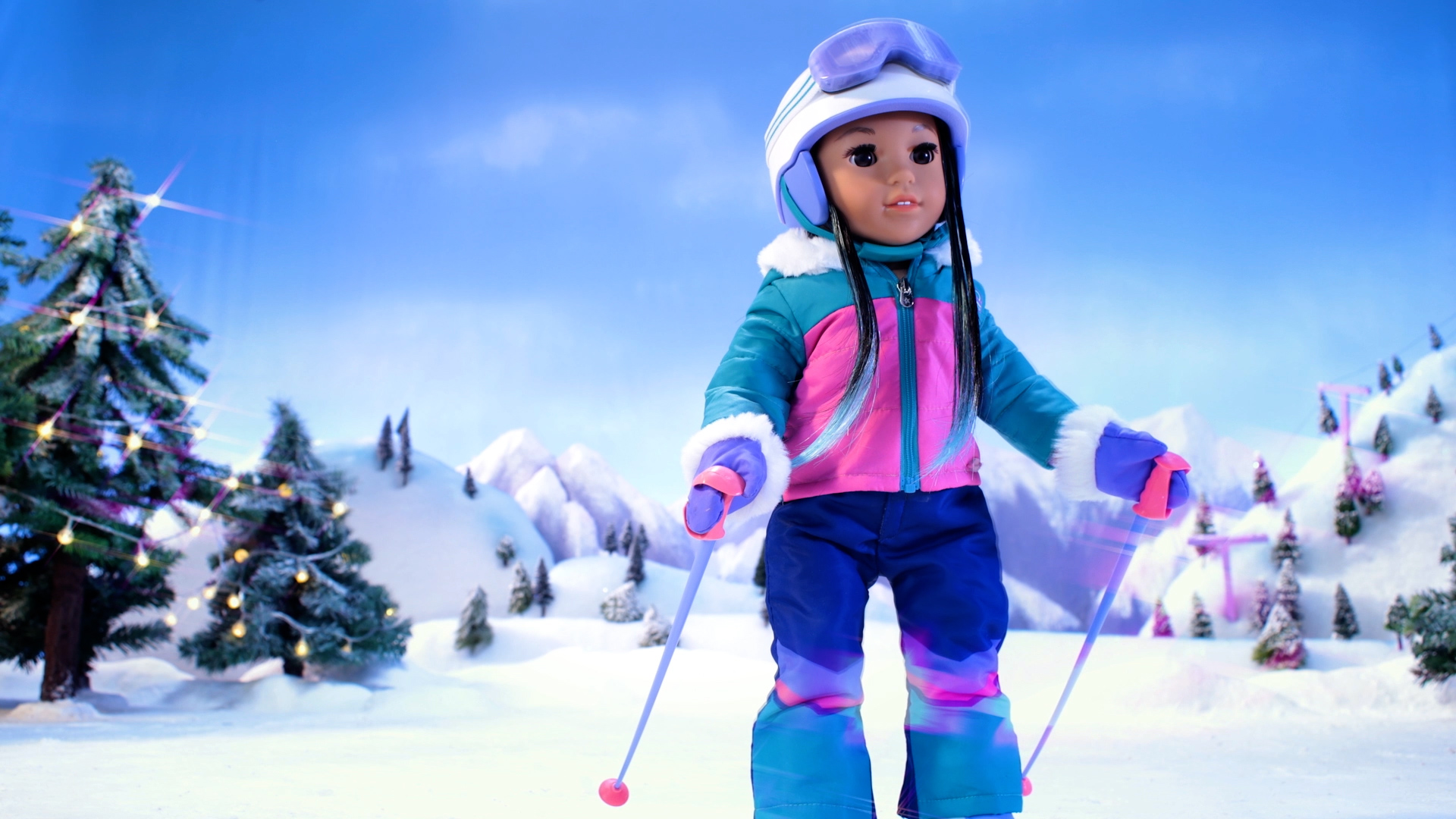 A stop motion animation character in ski gear with snow in the background.