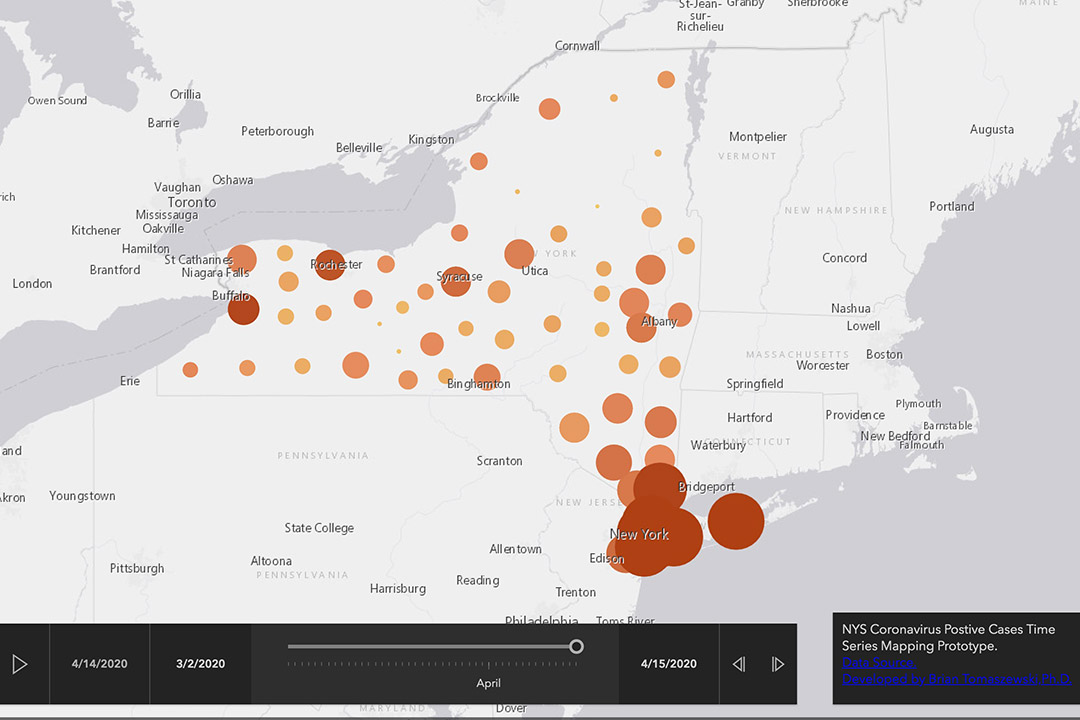 map of New York state showing coronavirus cases.