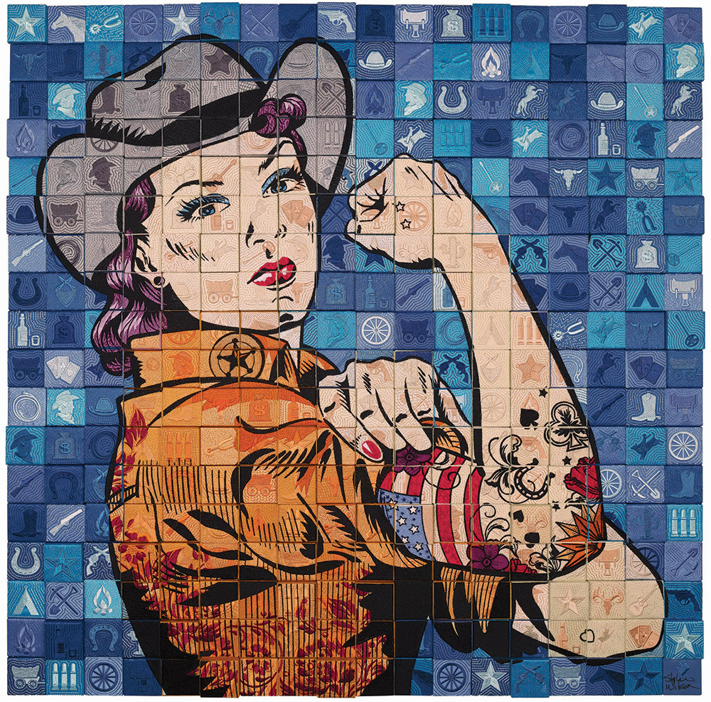 quilt artwork of woman resembling Rosie the Riveter.