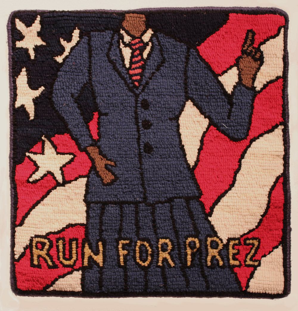 knit image of woman wearing skirt suit and the words: Run for Prez.