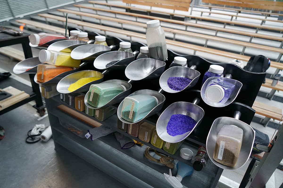 An array of colors to be applied to glassblowing objects