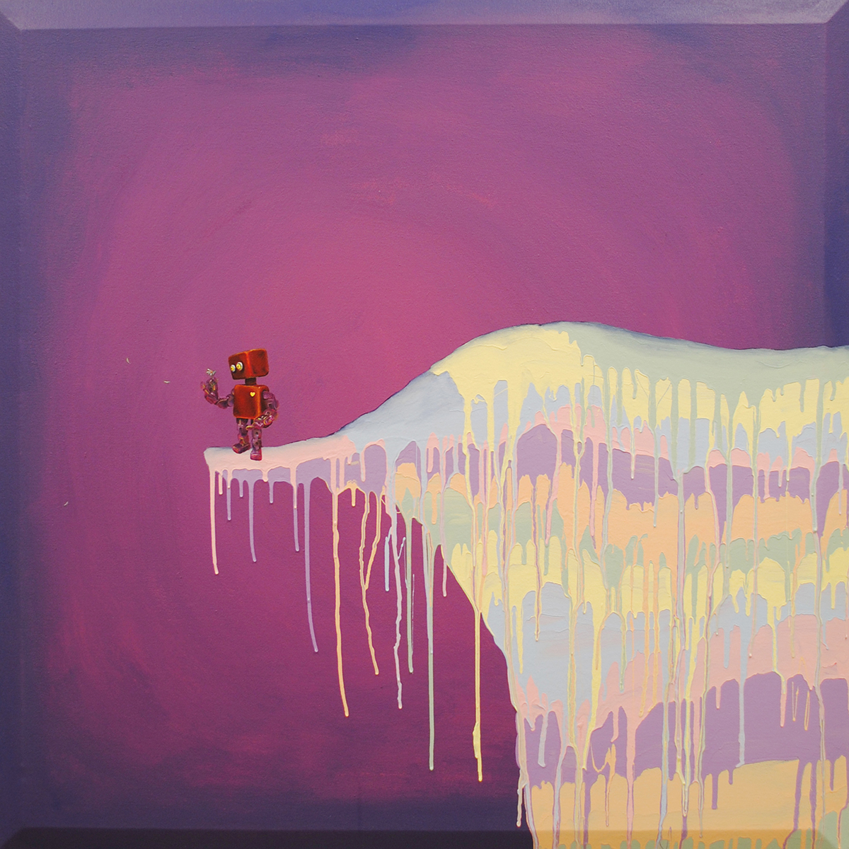 A painting of a toy on a cliff holding a bird.