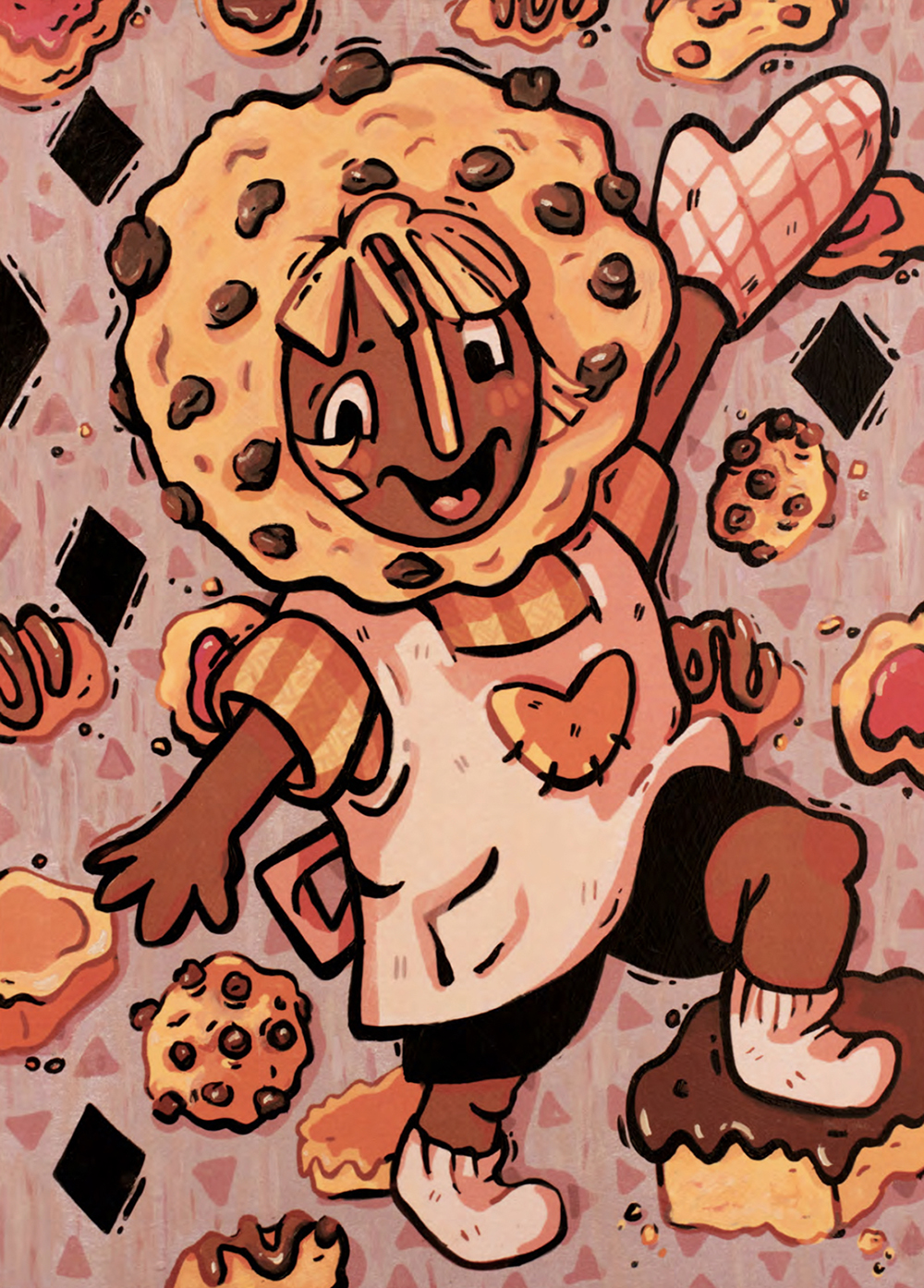 A girl with a giant cookie around her head, surrounded by a background of treats.