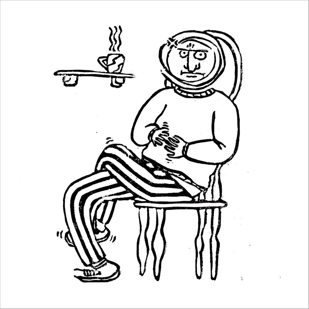 A print of a man sitting in a chair, with his coffee resting on a floating shelf.