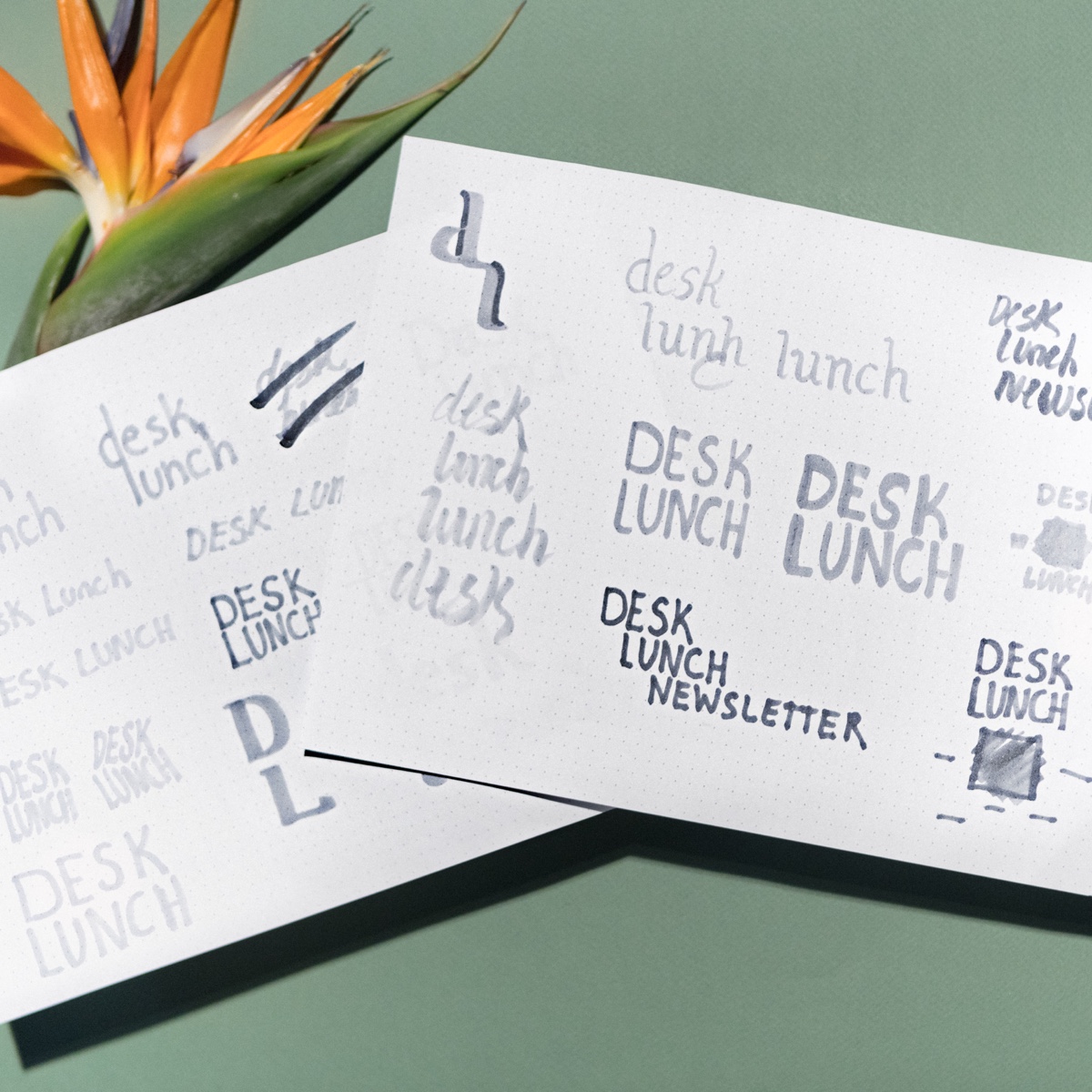 Two cards with "desk lunch" written in a variety of ways. This is one example of Liz's design for good.