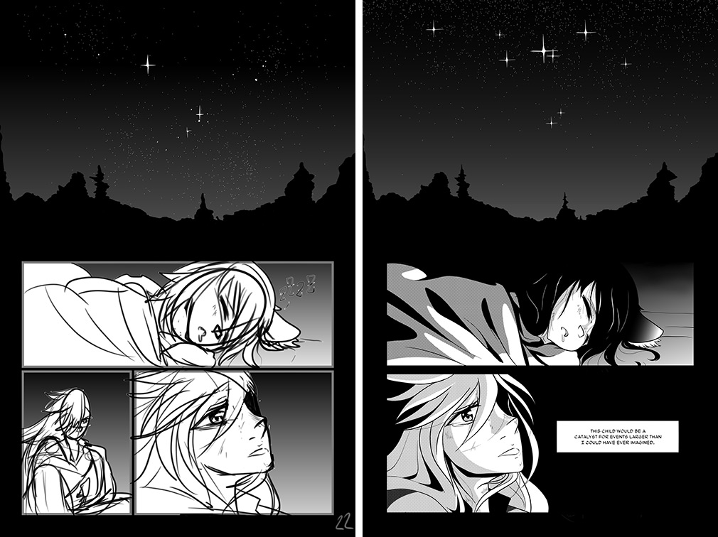 Side-by-side sketches of anime girl laying down with nighttime sky in background