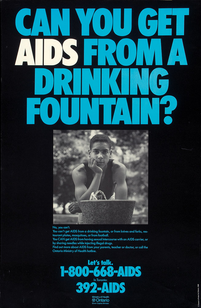 AIDS-awareness poster that asks if you can get AIDS from a drinking fountain.