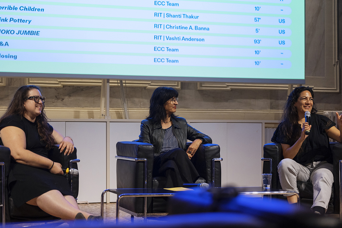 Christine Banna, Shanti Thakur and Vashti Anderson during a Q-and-A event in Venice.