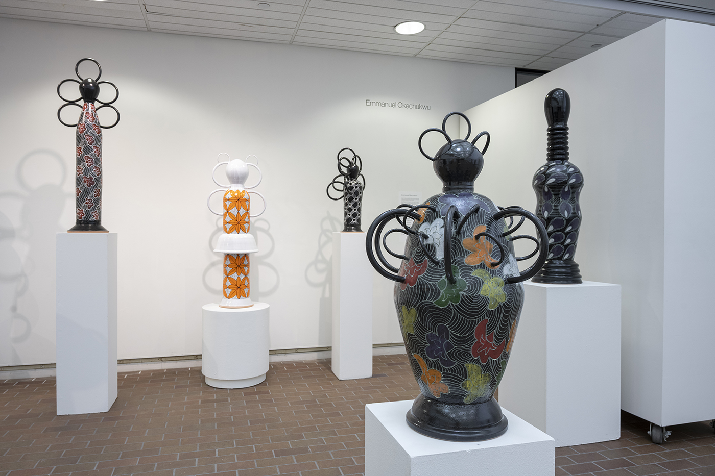 Ceramic sculptures displayed in RIT's Bevier Gallery.
