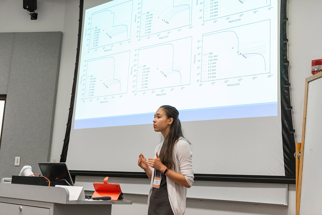 tudent gives presentation in front of projector screen.