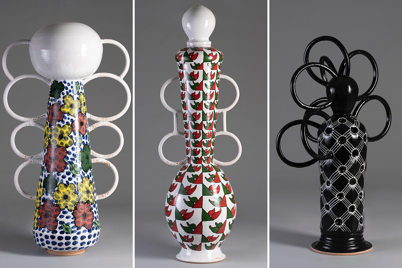 Three side-by-side ceramics sculptures made by Emmanuel Okechukwu.
