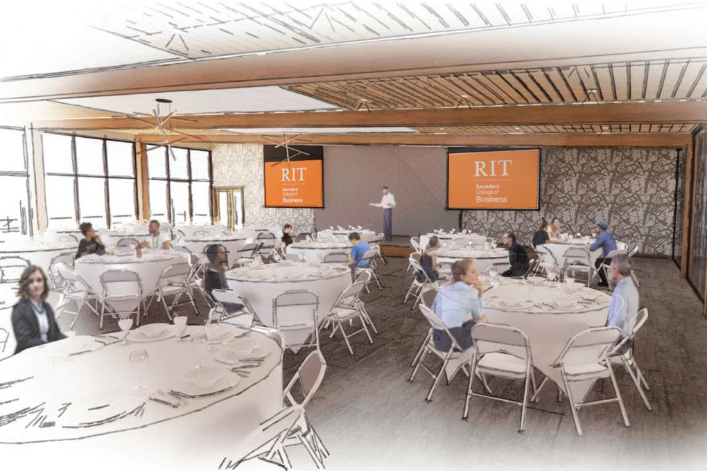 artist rendering of a conference room space with TV monitor and round banquet tables.