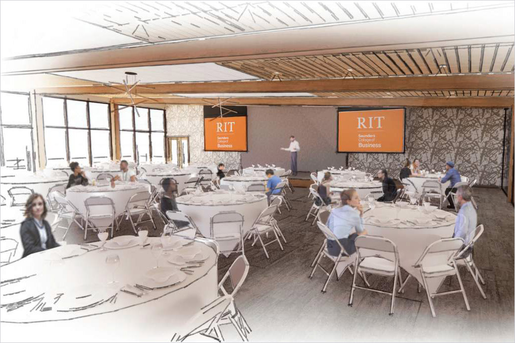 artist rendering of an event space with banquet tables and seating.