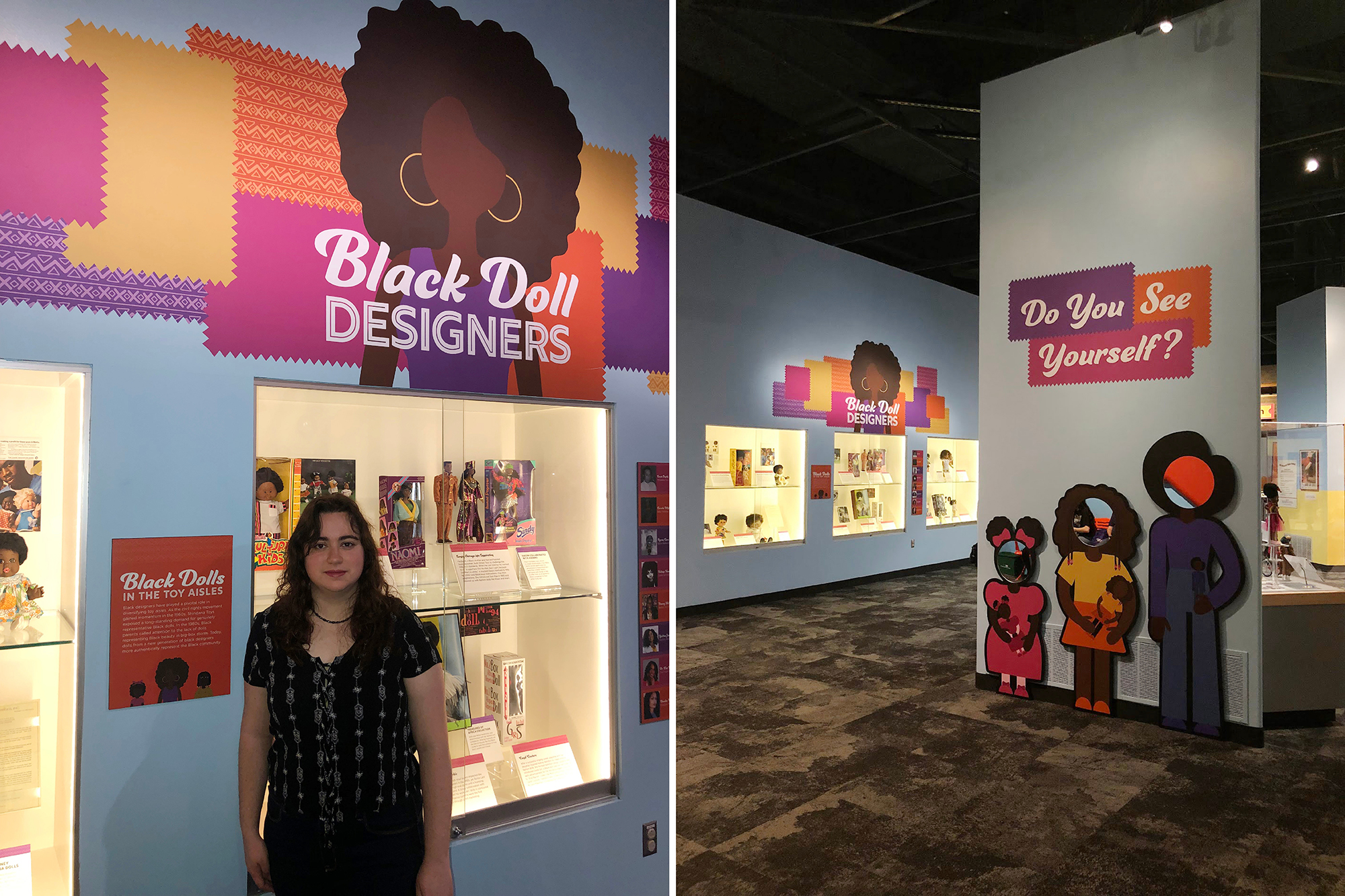Francesca Delaney stands in front of the Black Doll Designers exhibit she designed.