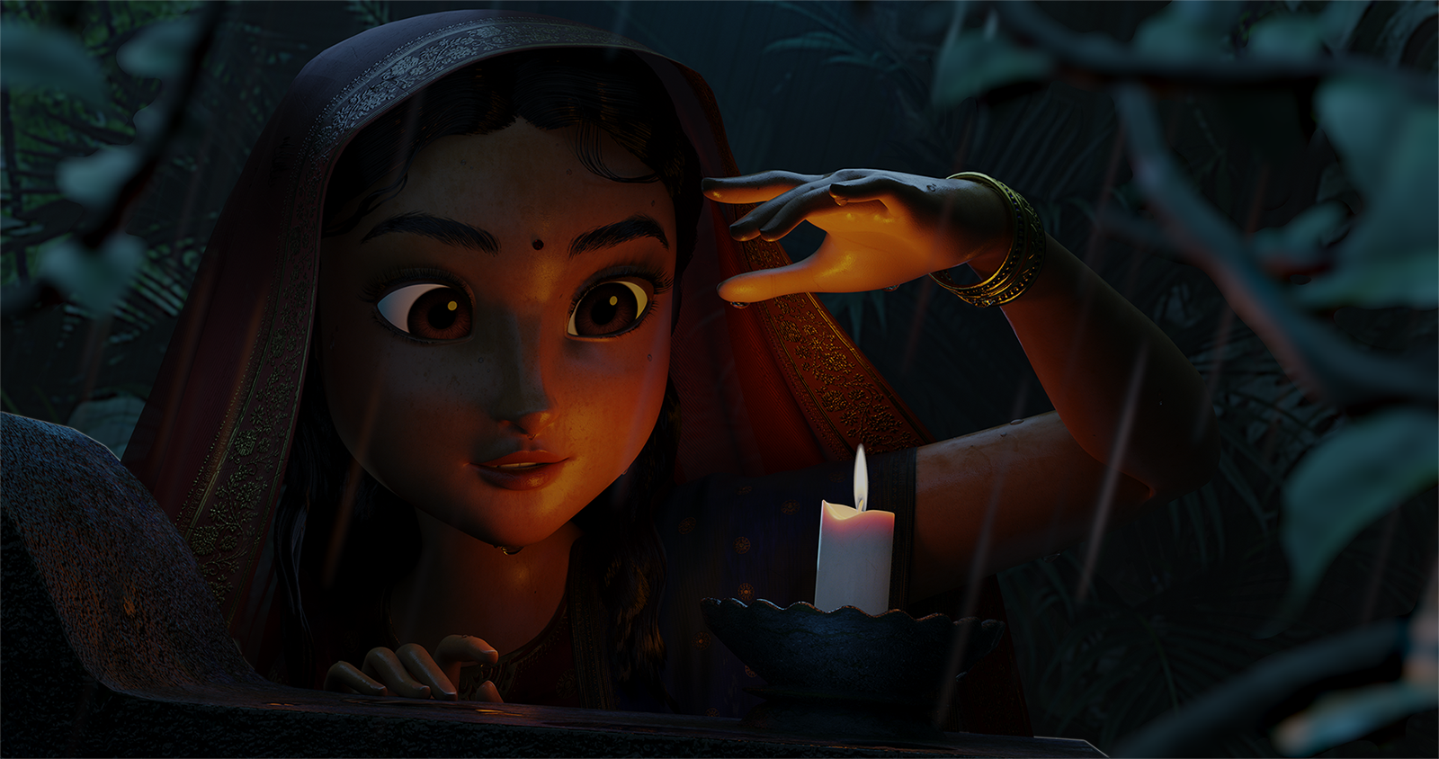 A rendering of an animated character looking at a lit candle.