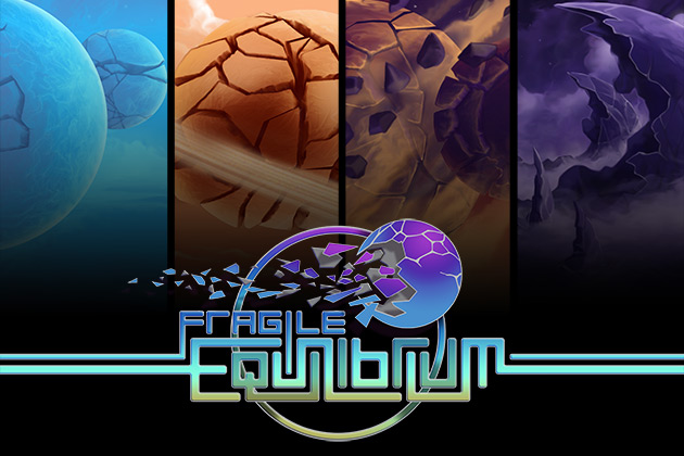 Four panes showing orbs of different colors with the text: Fragile Equilibrium