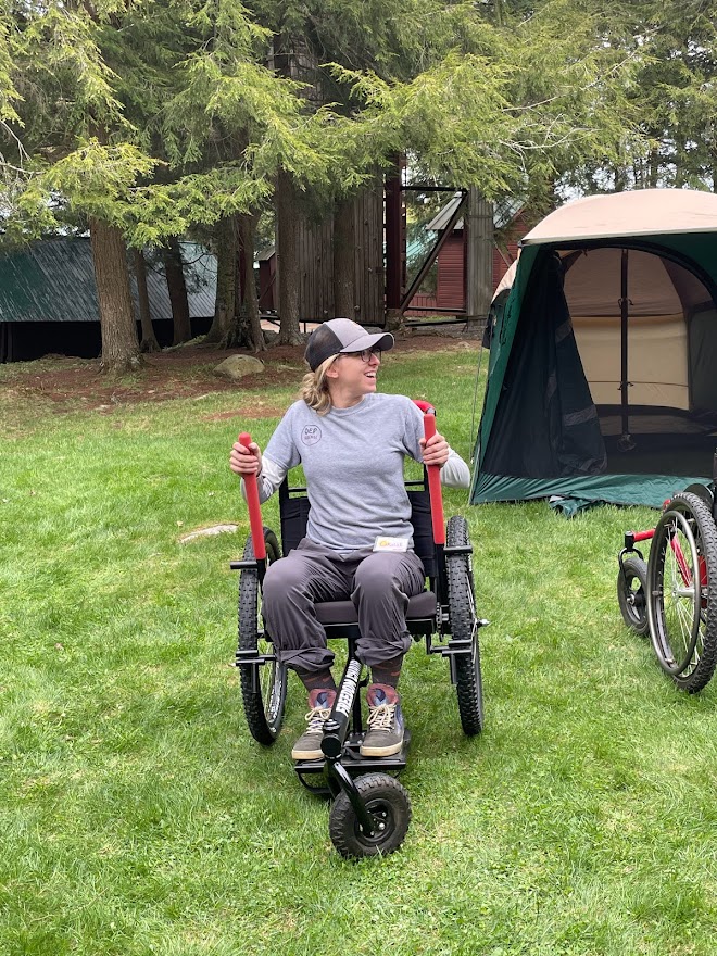 Caralie Fennessey gives a demo of an all-terrain wheelchair.