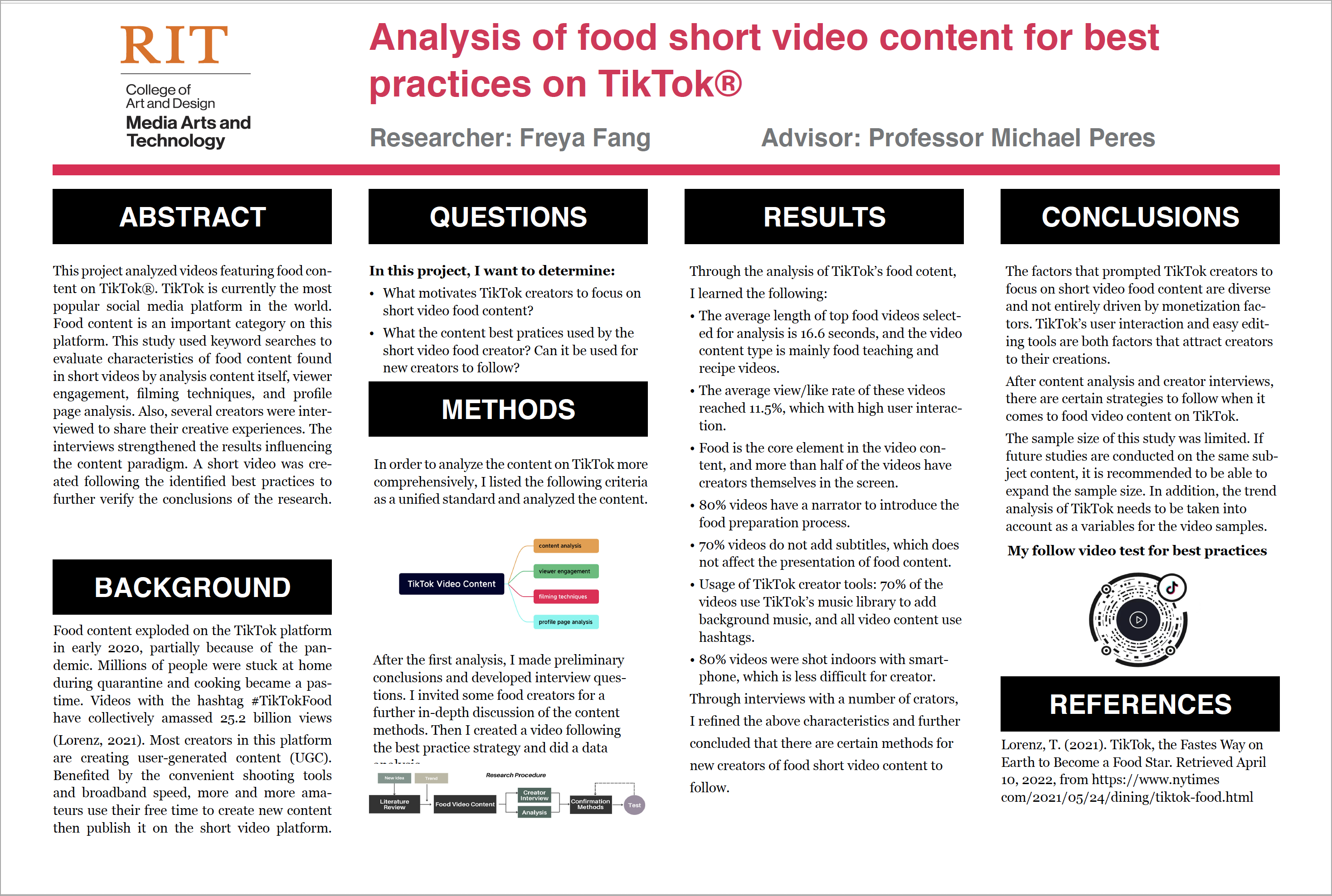 A poster highlighting research on analysis of food short video content for best practices on TikTok.