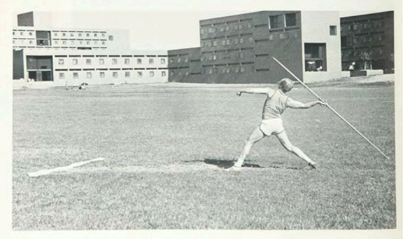 athlete throwing a javelin in 1970.