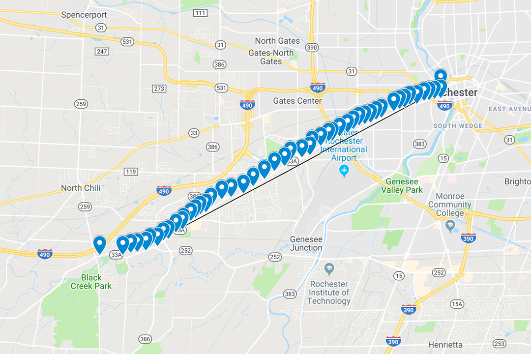 Google map of a stretch of Route 33A from North Chili to the City of Rochester.