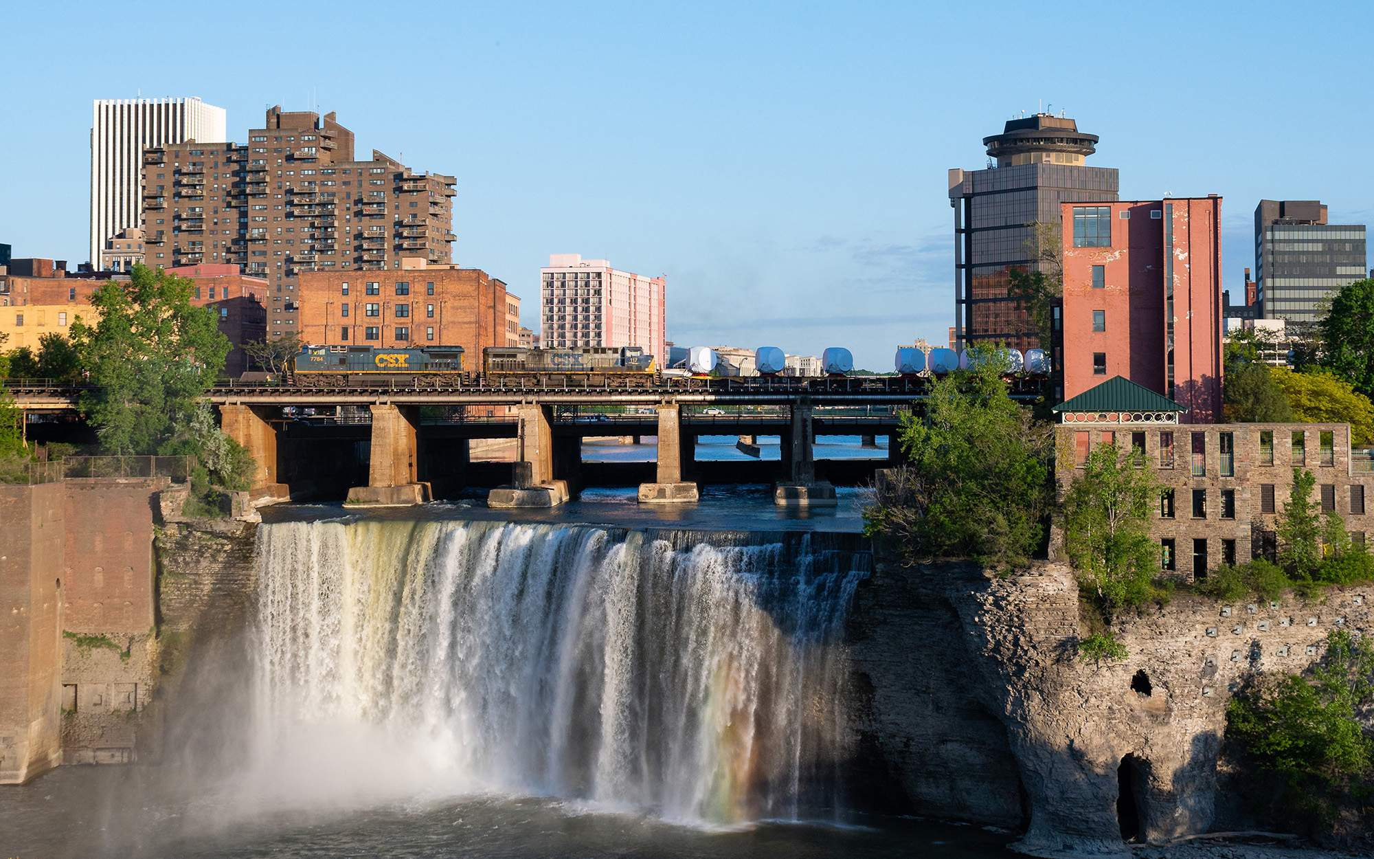 A train makes its way across a railroad near High Falls in Rochester.