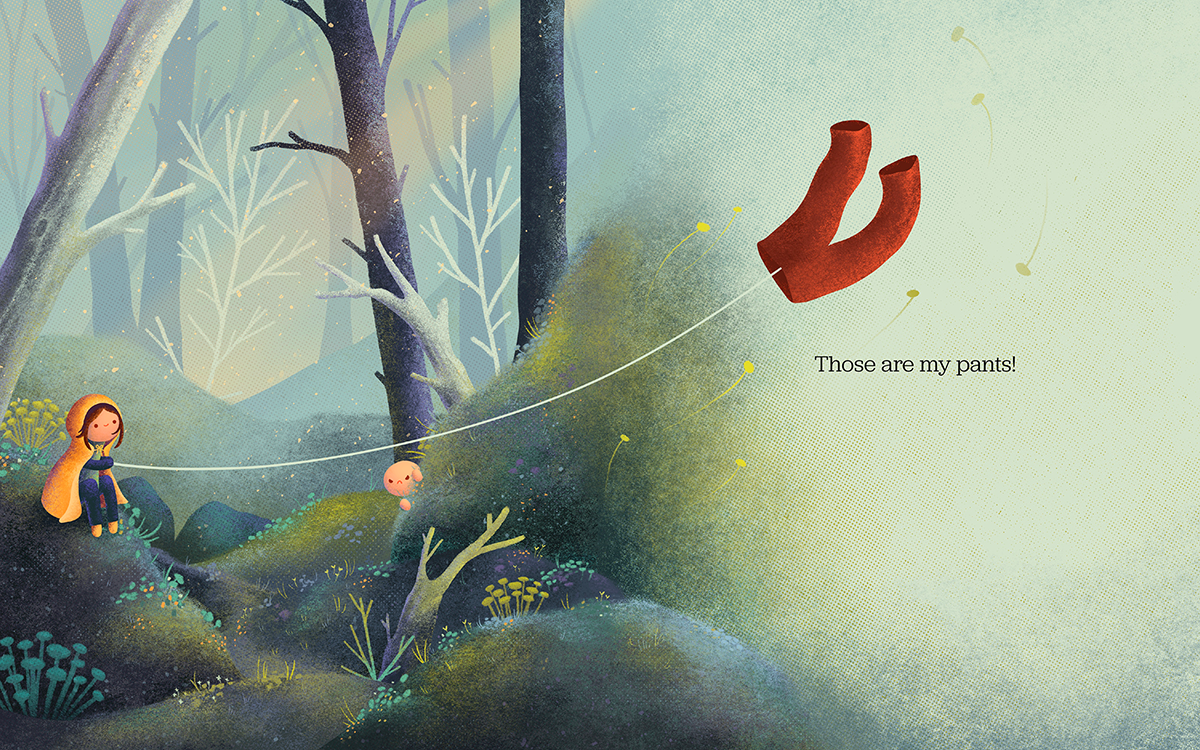 An illustration of a character flying a pair of pants like a kite.