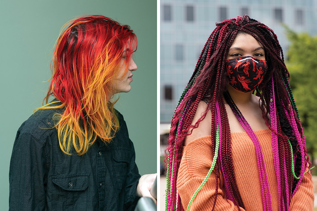 side-by-side images of student with red and yellow hair and student with long pink and neon green braids.