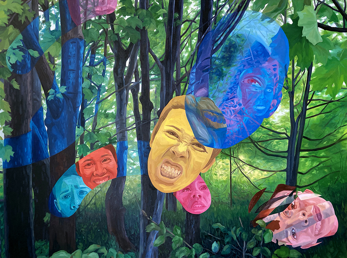 A series of colorful faces painted over a forest background.