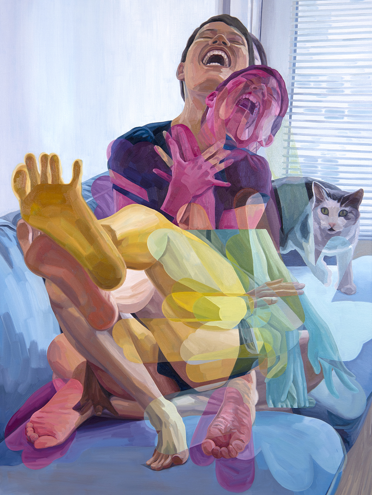 A self-portrait painting by Melissa Huang, accompanied by her cat.