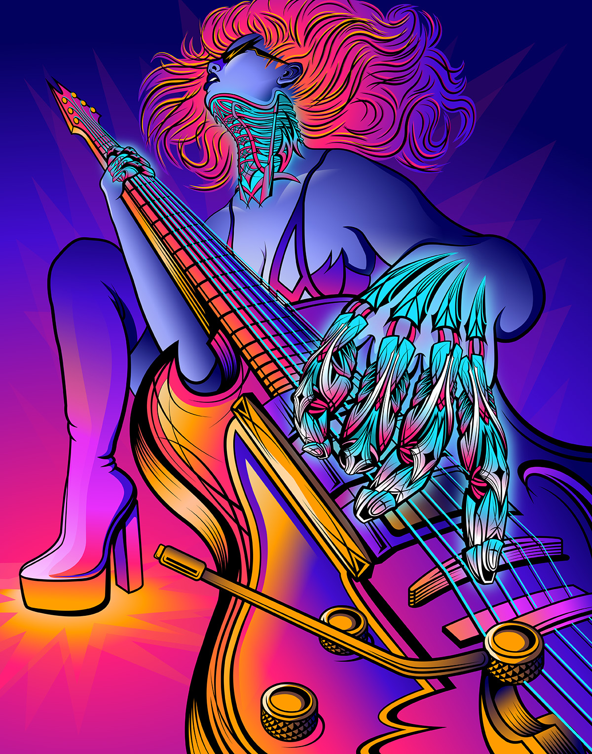 An illustration of a vibrantly colored cyborg playing guitar.