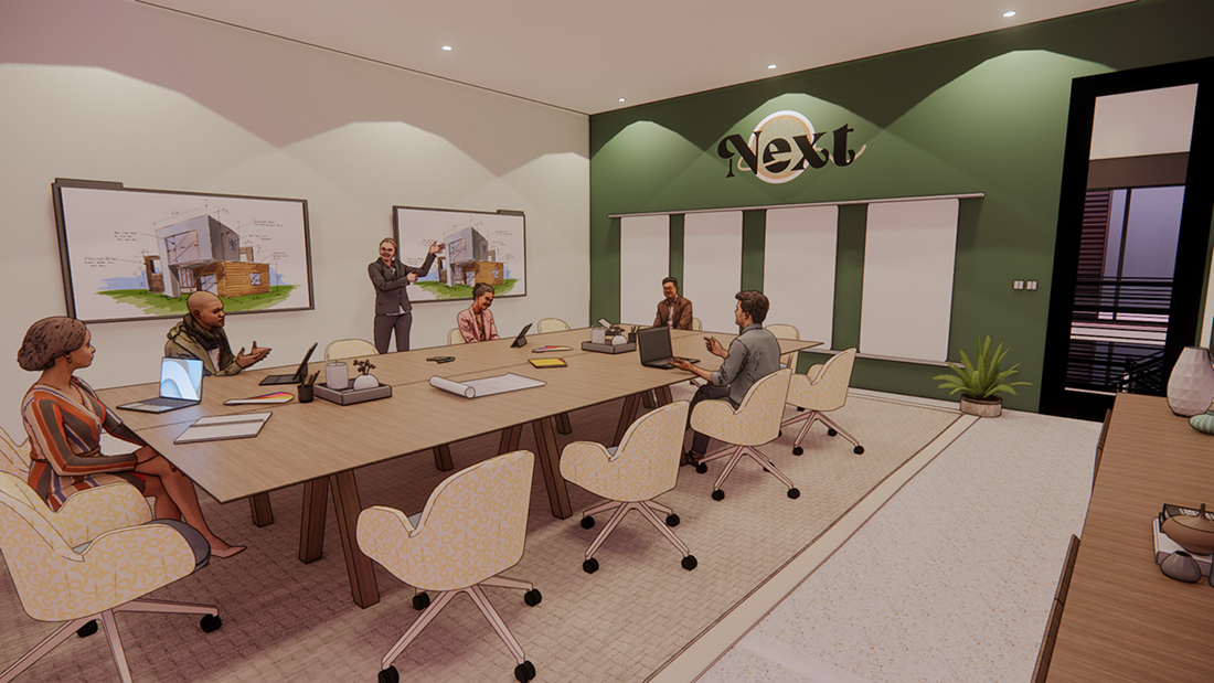 A rendering of a client presentation room.
