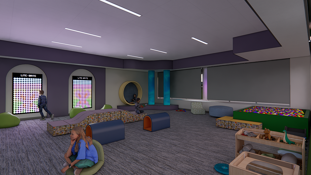 A rendering of a dark space with sensory experiences.