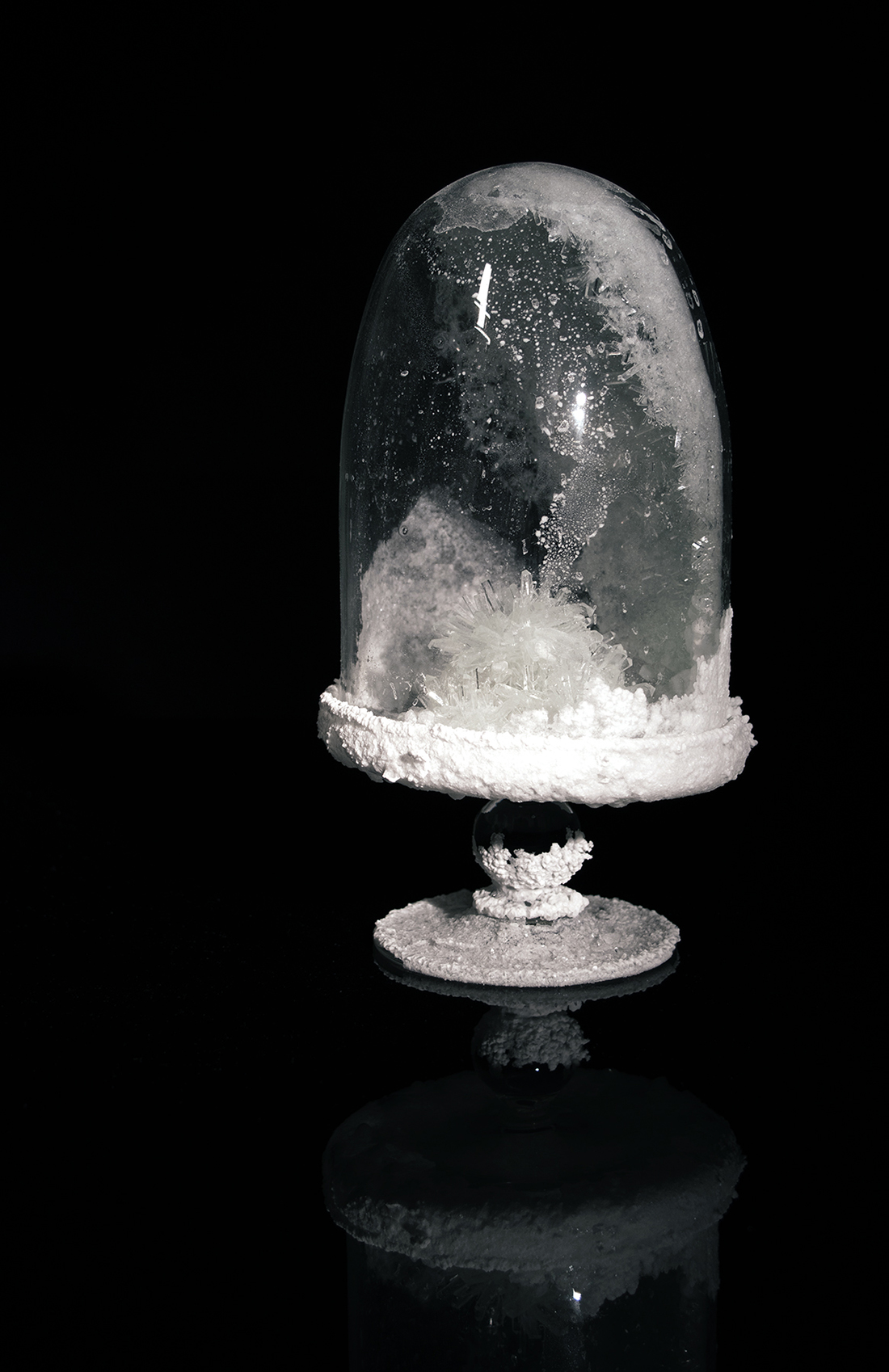 Crystal growing inside a glass vessel.