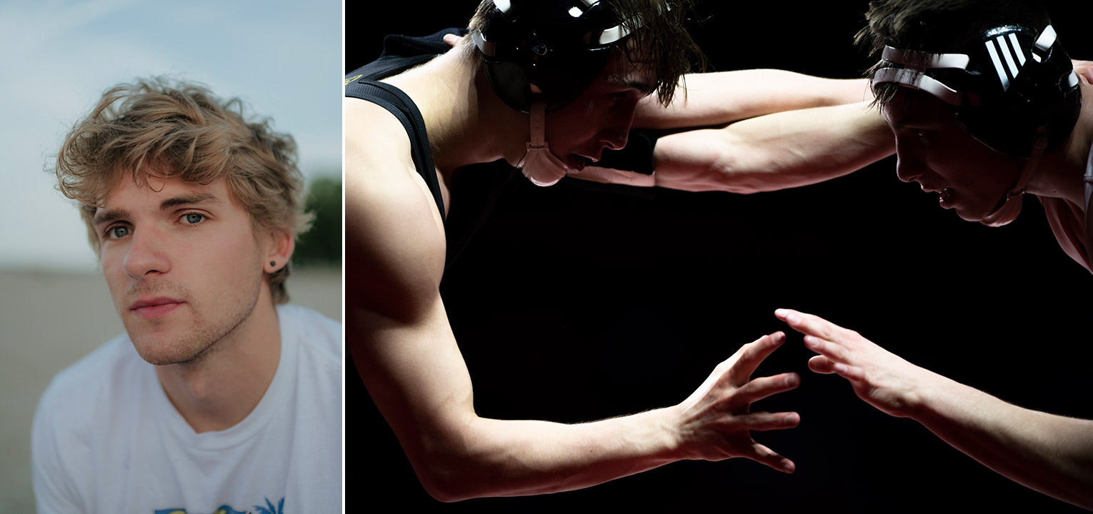 side-by-side images of a student photographer and two wrestlers squaring off.