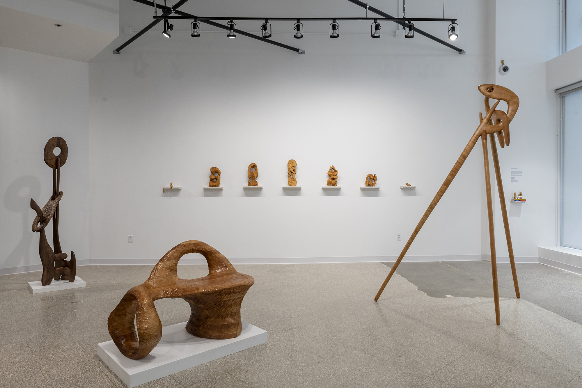 A gallery display of wooden sculptures.