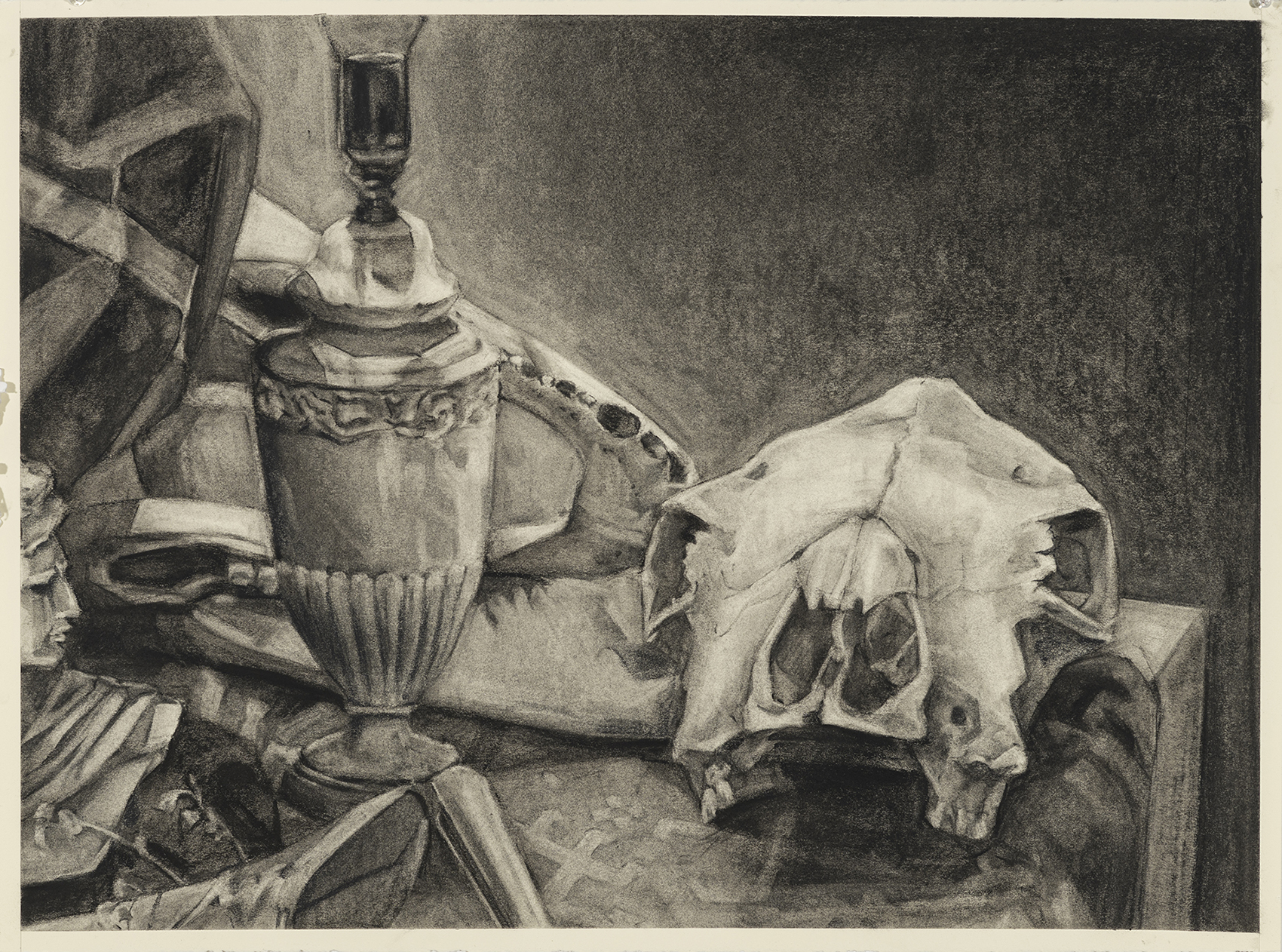A still-life drawing with a skull, vase and other objects.