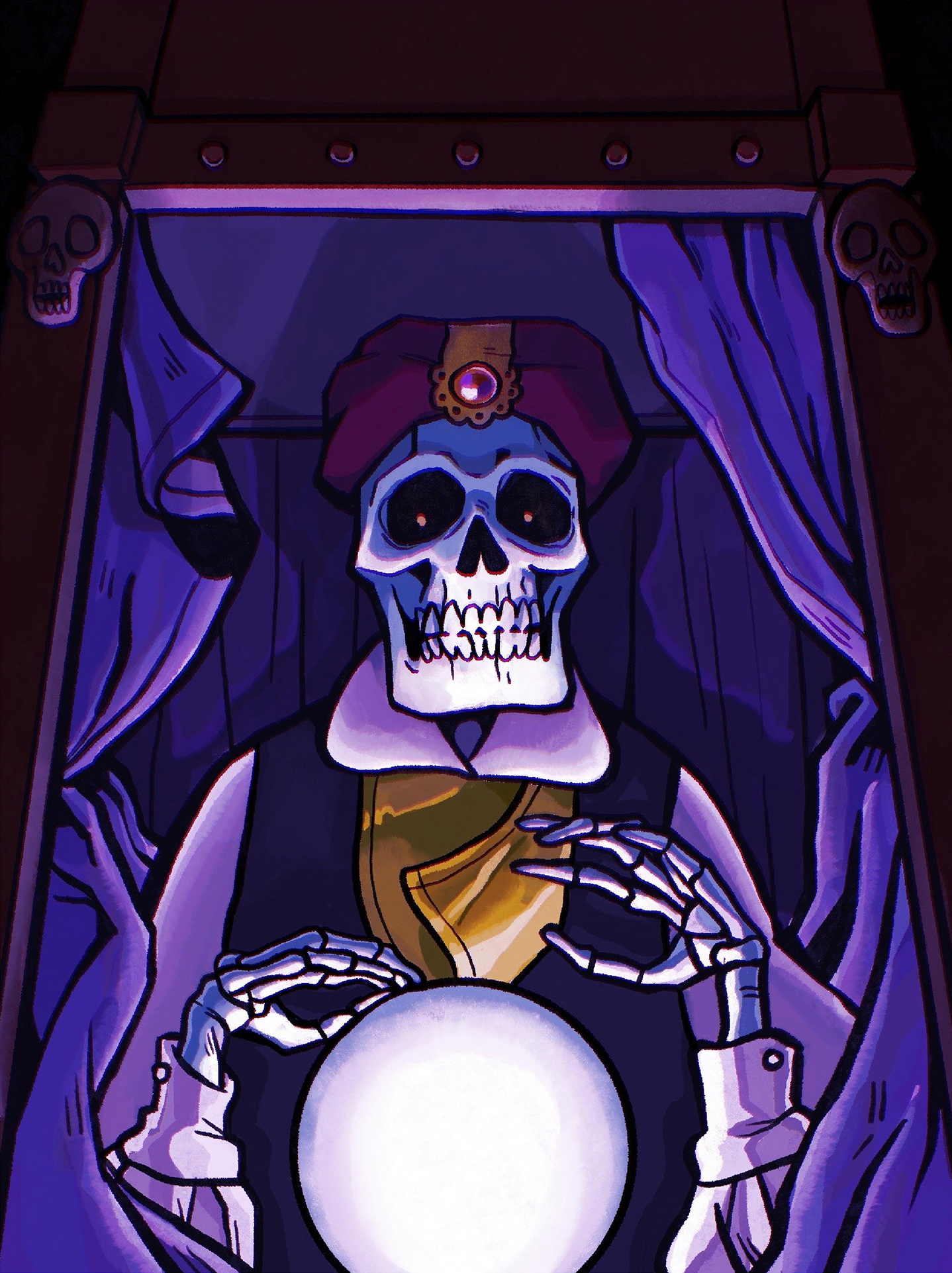 A purple-themed illustration of a skeleton acting as a fortune teller.